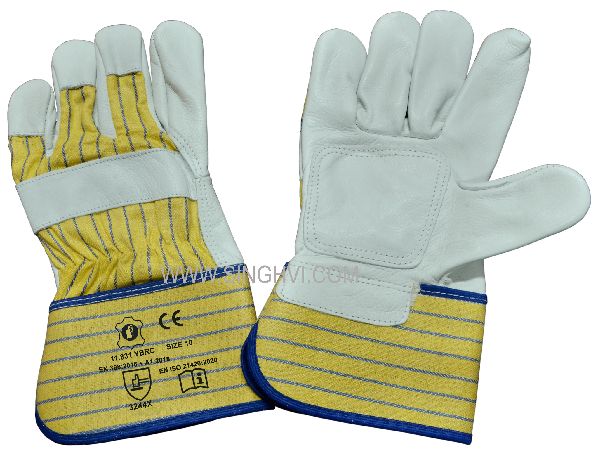 Canadian rigger gloves: cow grain leather with rubberised cuff and square palm reinforcement. Article 11.831 YBRC.