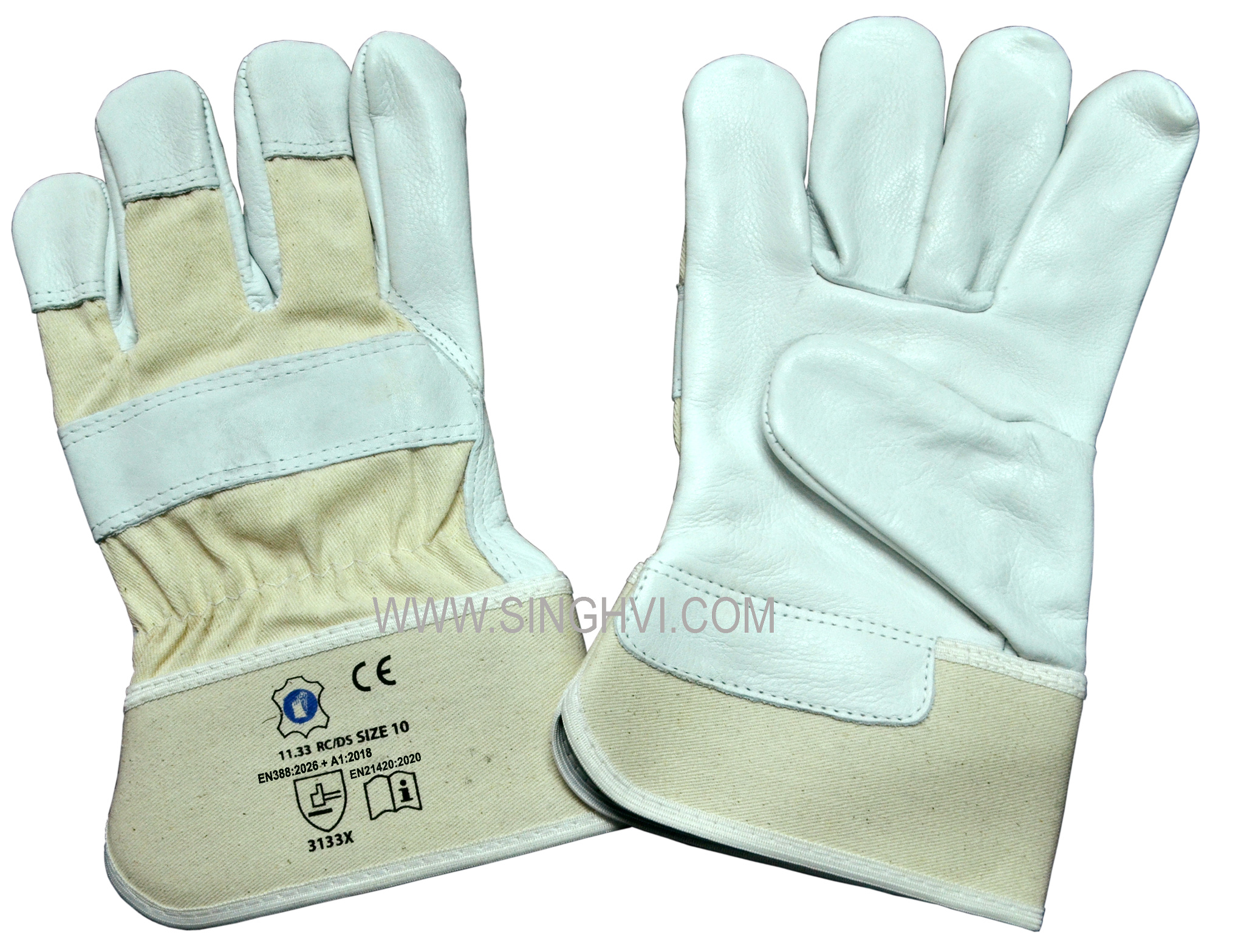 Canadian rigger gloves: cow grain leather with rubberised cuff and double stitch. Article 11.33 RC/DS.