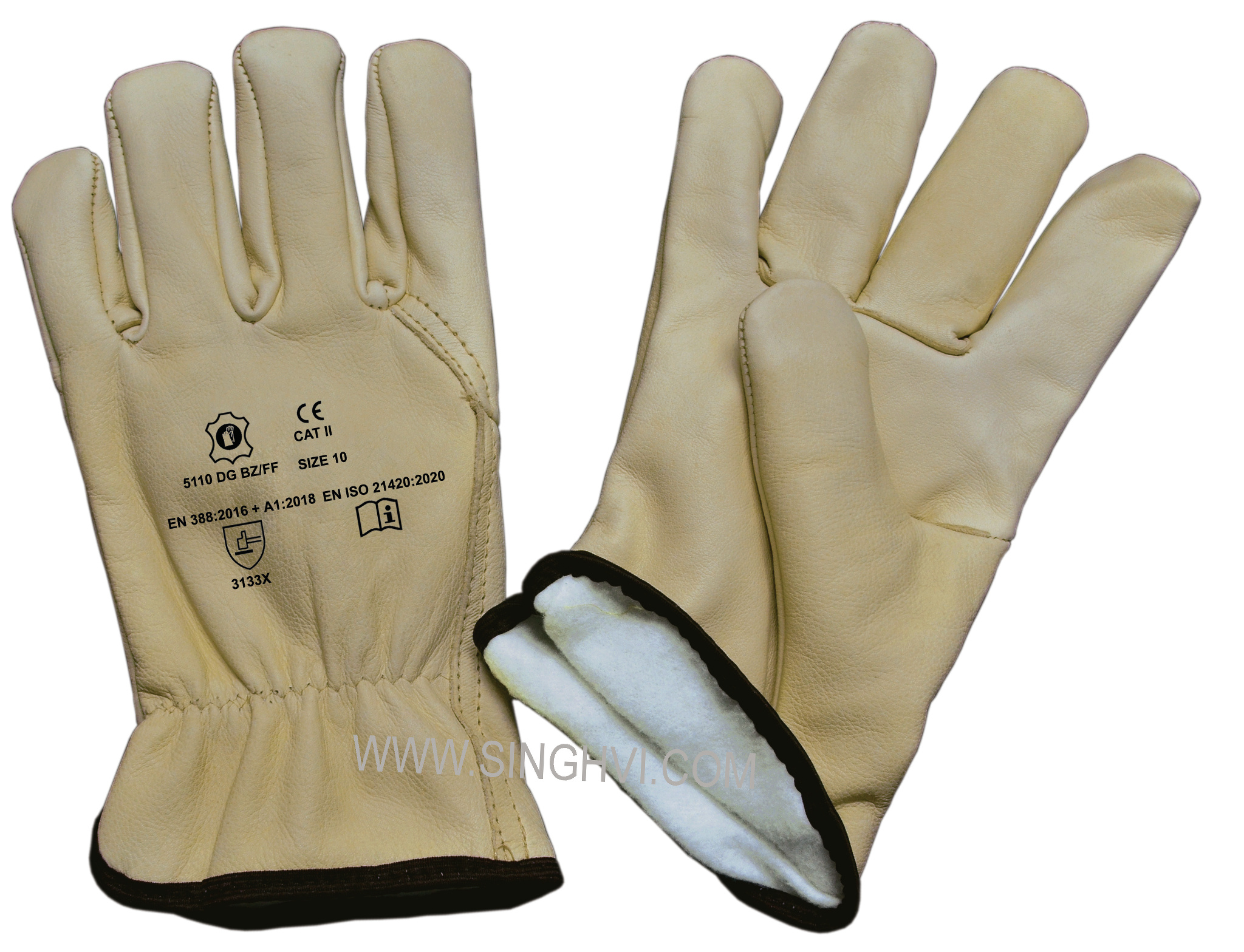 Leather driver and general-purpose gloves: full beige cow grain leather with full lining inside. Article 5110 DG/BZ/FF.