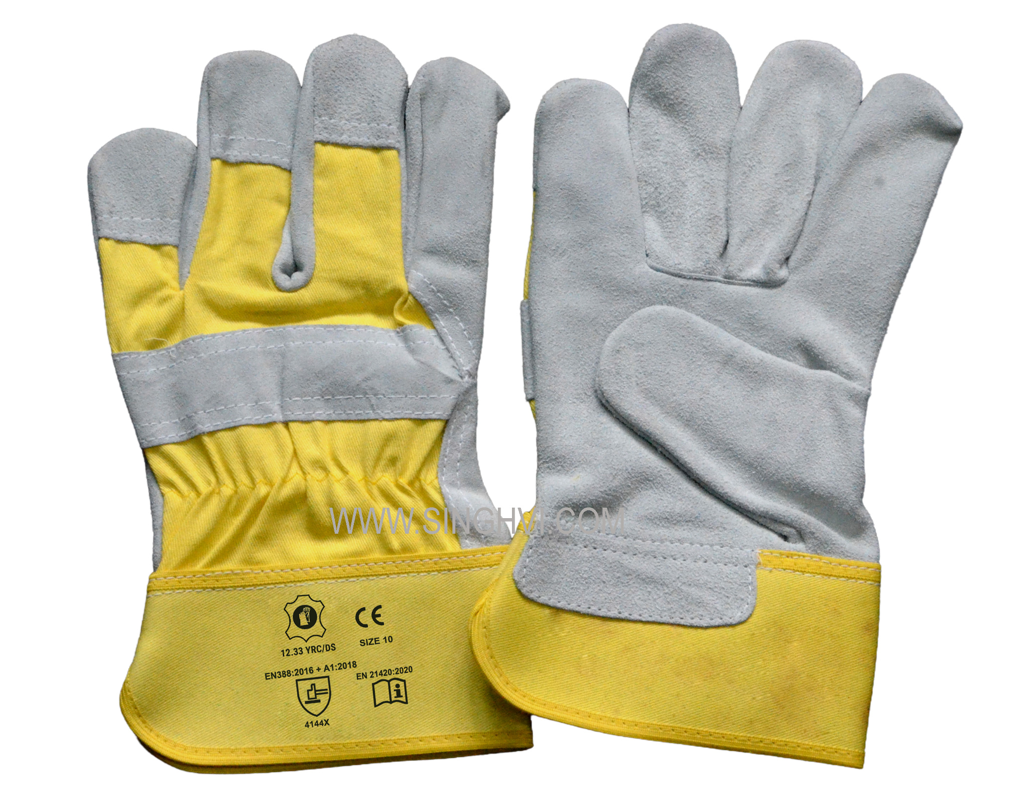 Canadian rigger gloves: cow split leather with rubberised cuff and double stitch. Article 12.33 YRC/DS.
