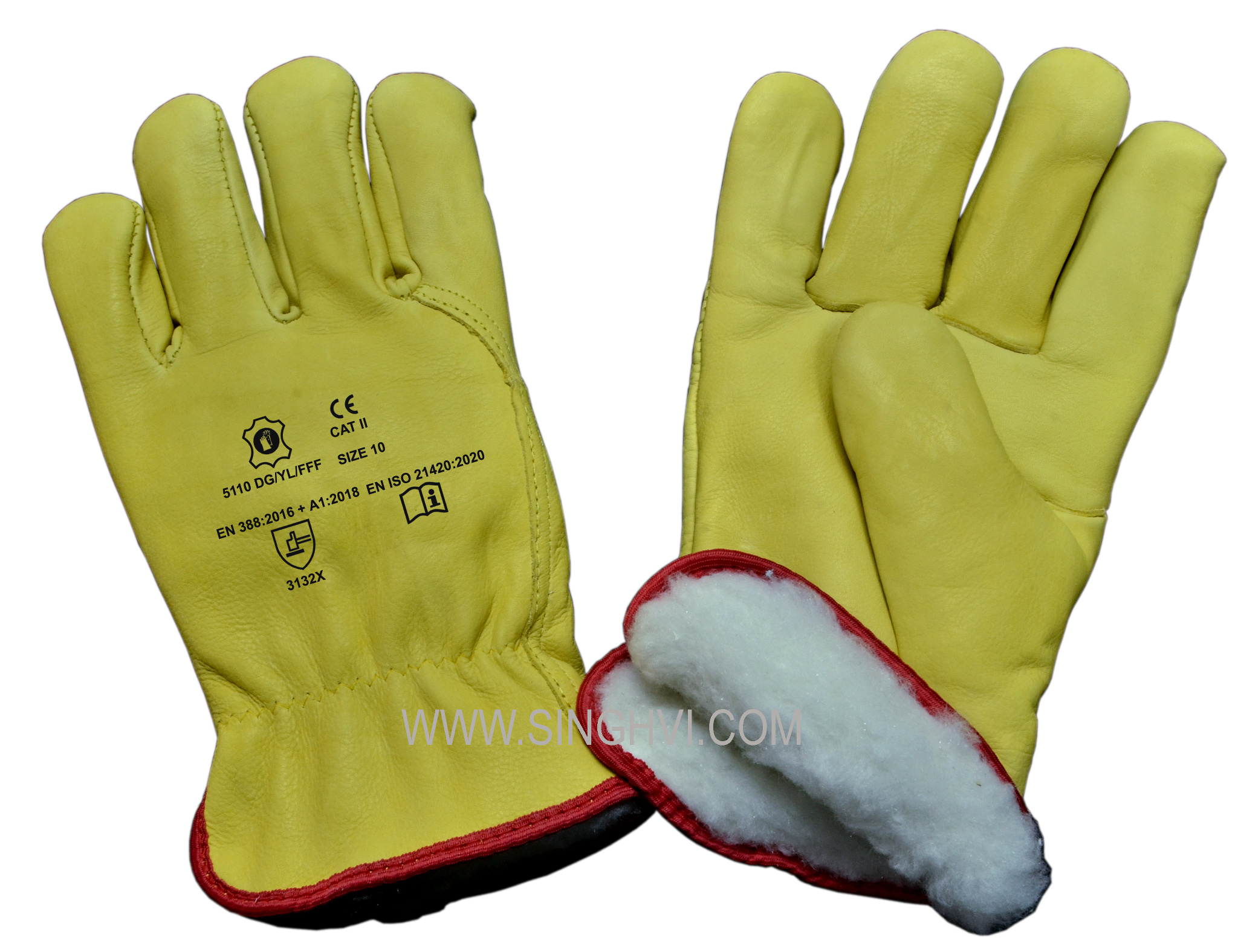 Leather driver and general-purpose gloves: full yellow cow grain leather with full fur lining inside. Article 5110 DG/YL/FFF.