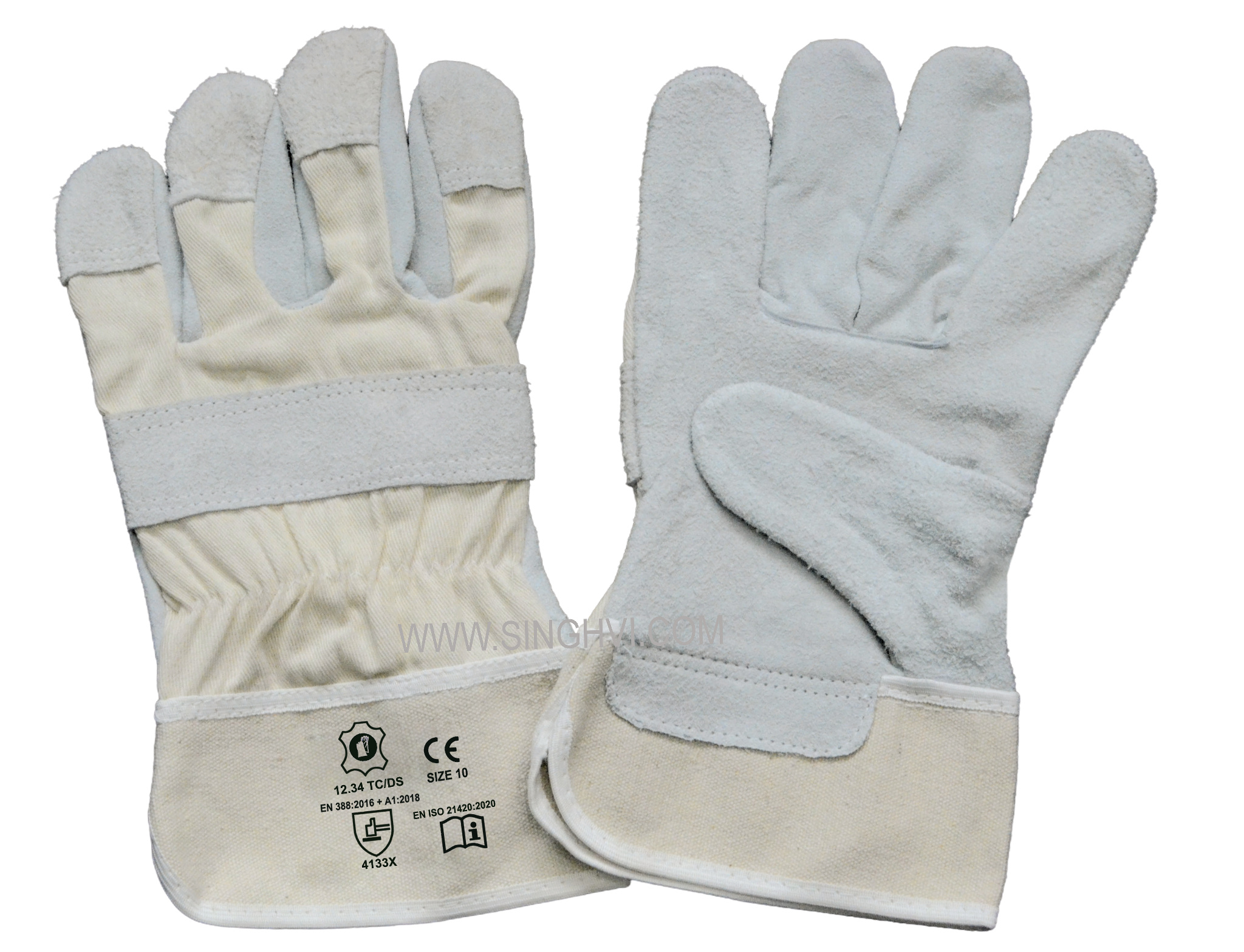Canadian rigger gloves: cow split leather with canvas cuff and double stitch. Article 12.34 TC/DS.