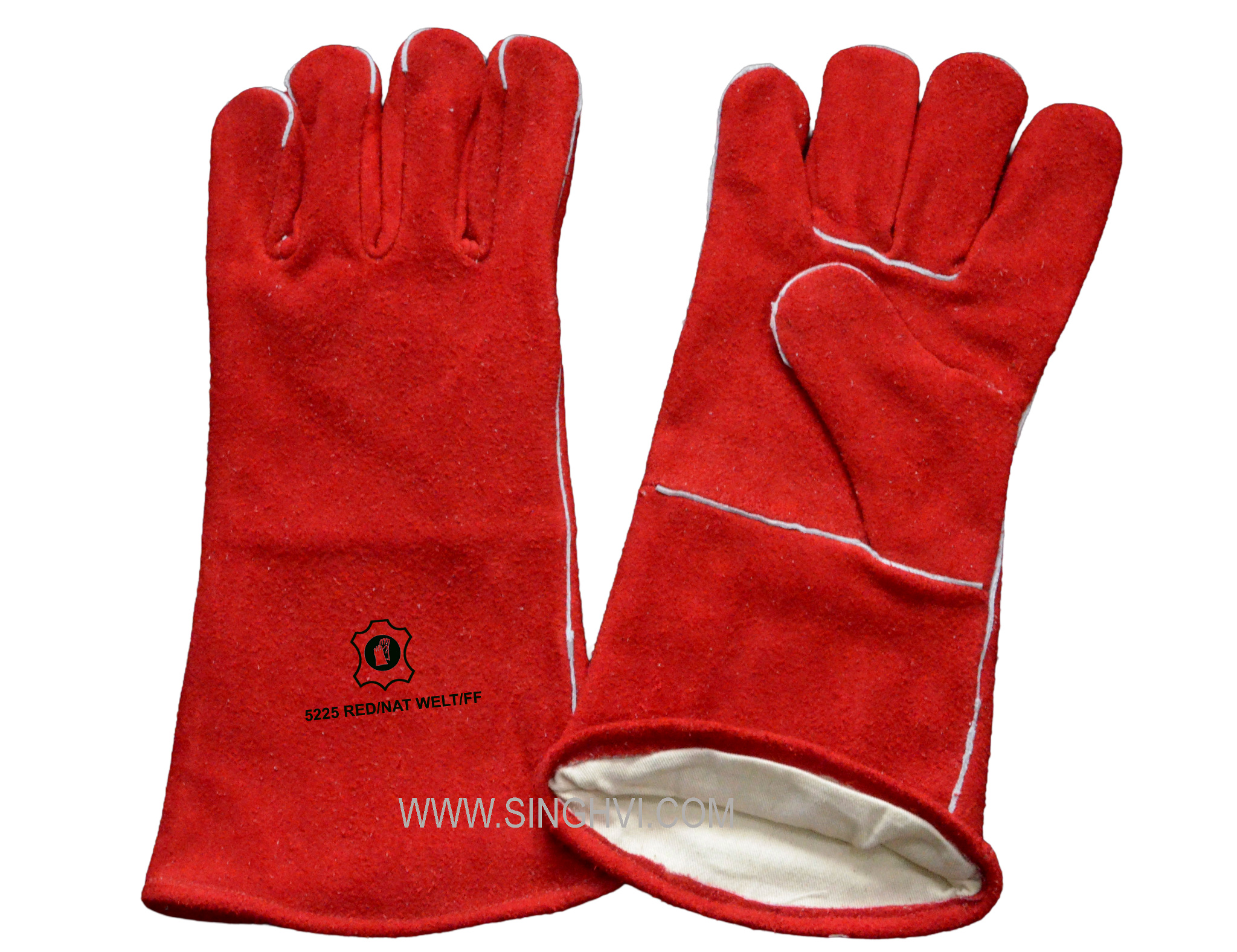 Leather welding gloves: full red split winter welder with natural welt and 15cm cuff and full lining inside. Article 5225 RED/NAT WELT/FF.