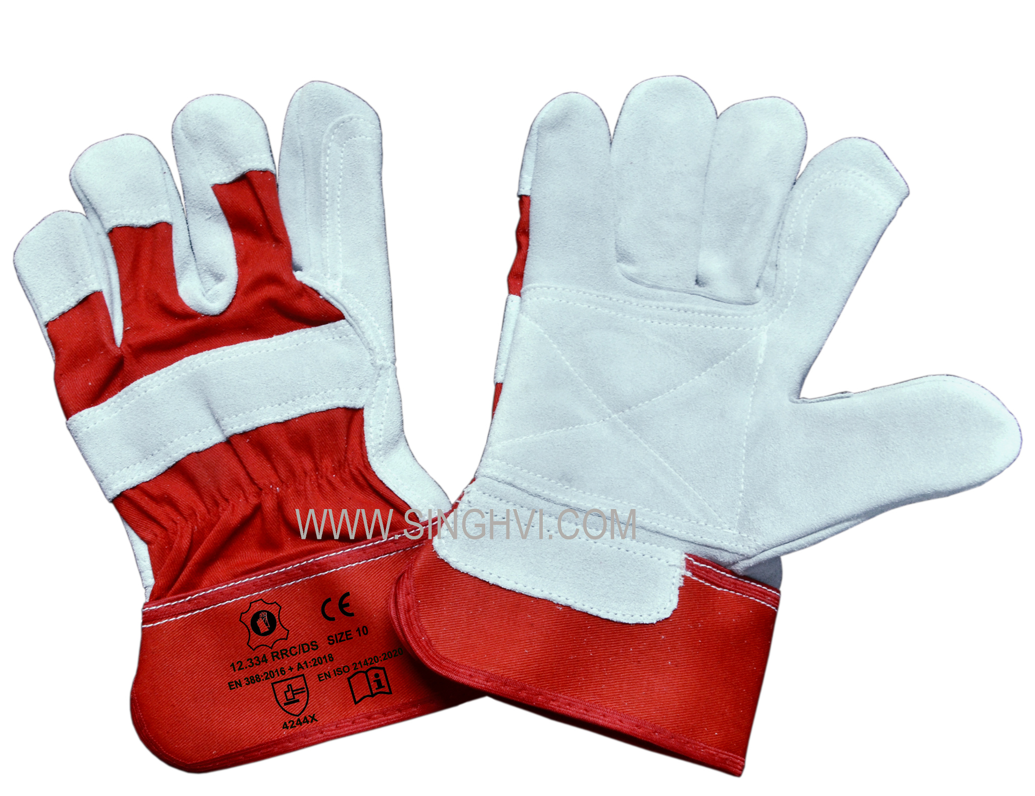 Canadian rigger gloves: cow split leather with rubberised cuff, double stitch and full palm, thumb and index reinforcement. Article 12.334 RRC/DS.