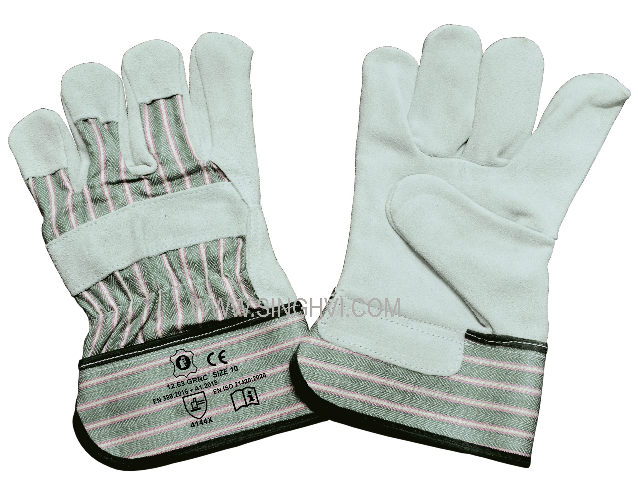 Canadian rigger gloves: cow split leather with rubberised cuff. Article 12.63 GRRC.