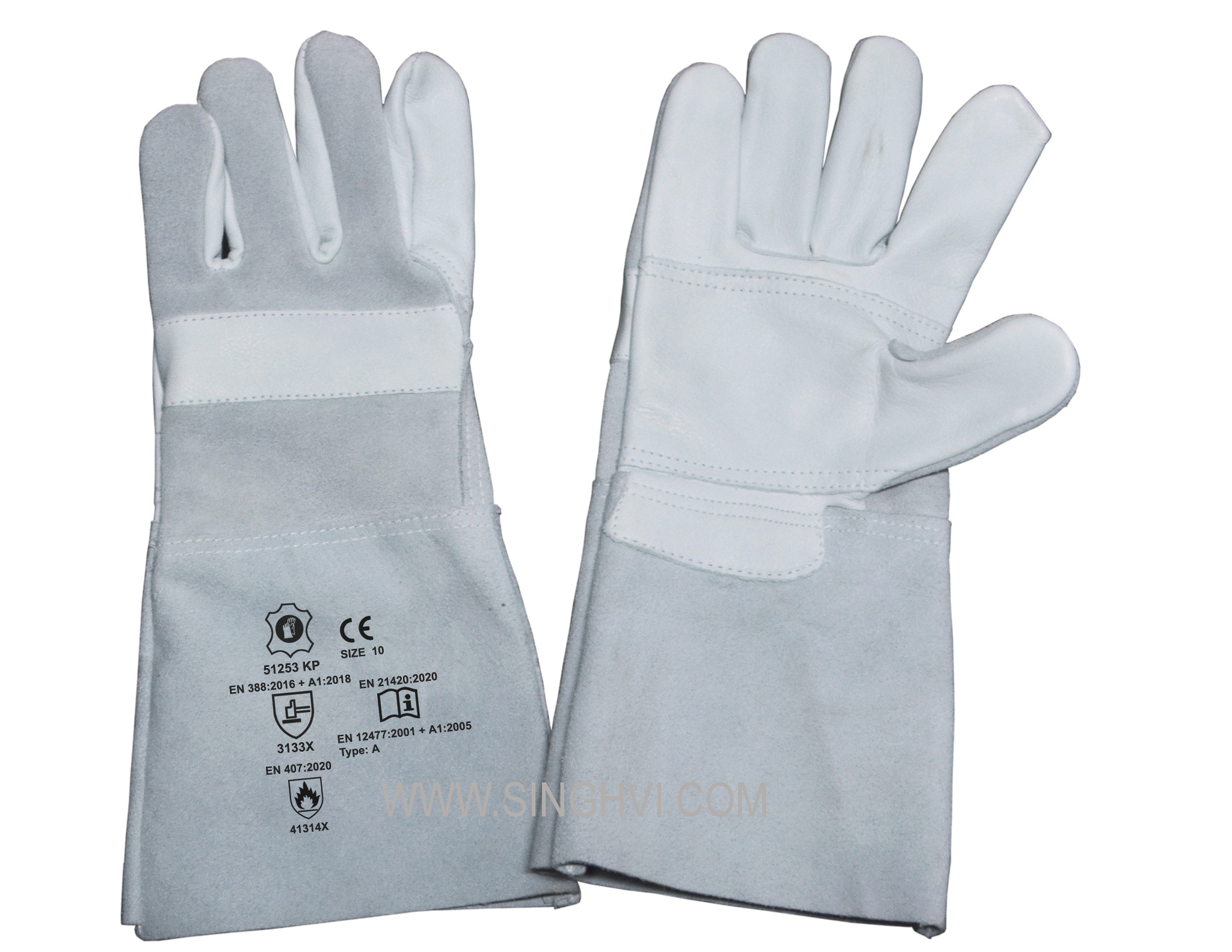 Leather welding gloves: combined welder with 15cm cuff and palm and thumb reinforcement with knuckle protection. Article 51253 KP.