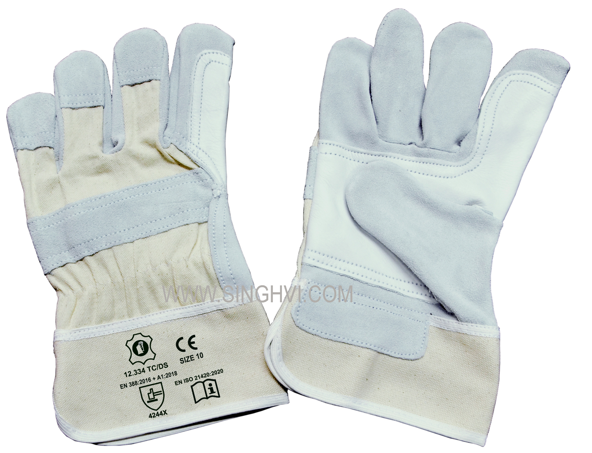 Canadian rigger gloves: cow split leather with canvas cuff, double stitch and full palm, thumb and index reinforcement. Article 12.334 TC/DS.