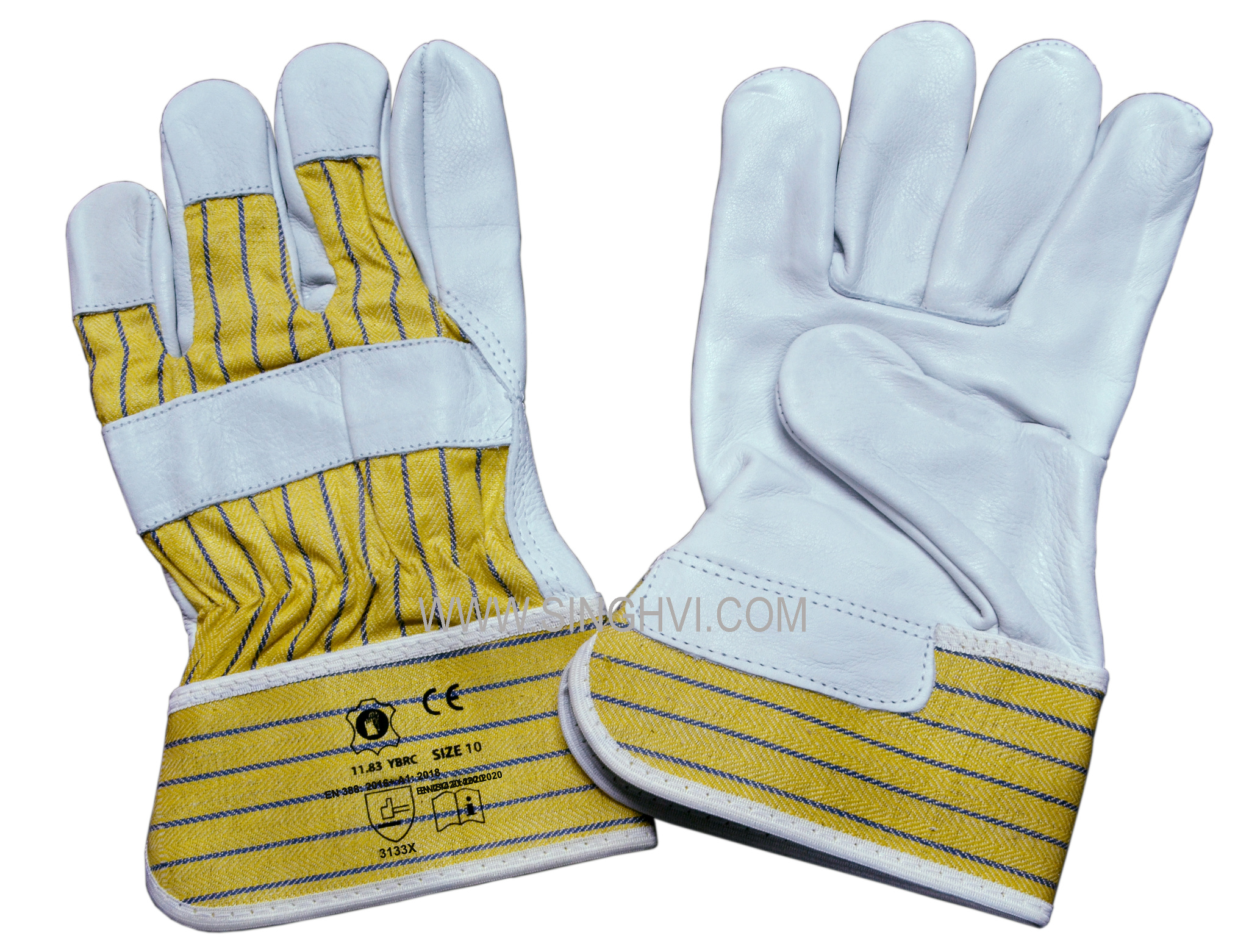 Canadian rigger gloves: cow grain leather with rubberised cuff. Article 11.83 YBRC.