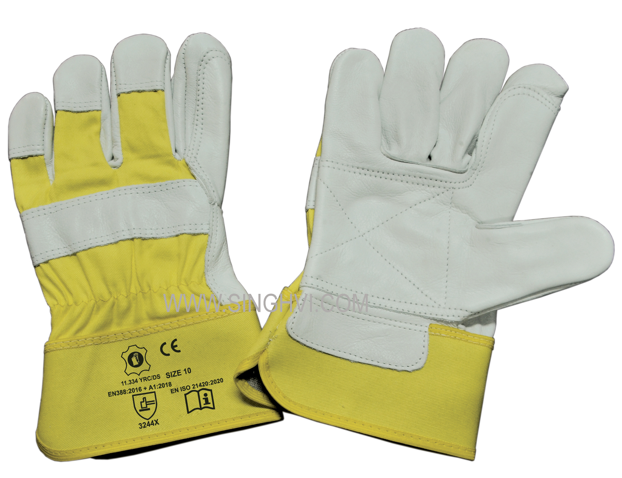 Canadian rigger gloves: cow grain leather with rubberised cuff, double stitch and full palm, thumb and index reinforcement. Article 11.334 YRC/DS.
