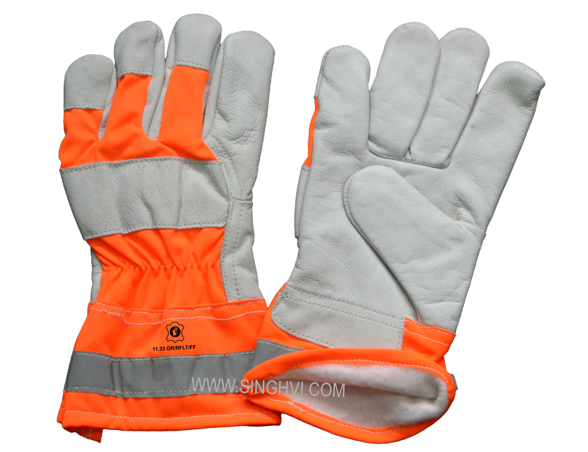 Special-purpose leather gloves: cow grain leather Canadian with high-visibility fabric back and cuff with reflective strip and full lining inside. Article 11.33 OR/RFLT/FF.