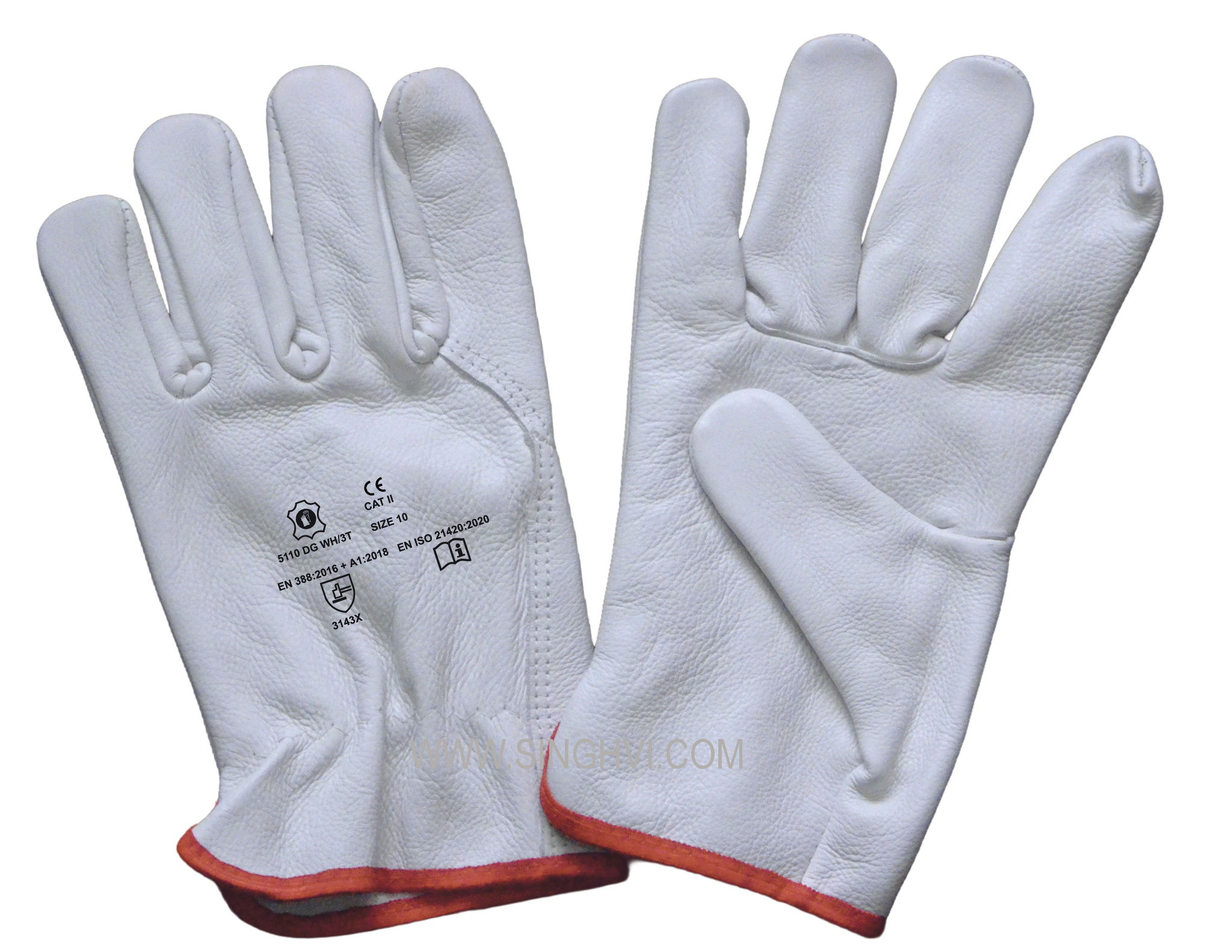 Leather driver and general-purpose gloves: full cow grain leather with three tip back cut. Article 5110 DG WH/3T.