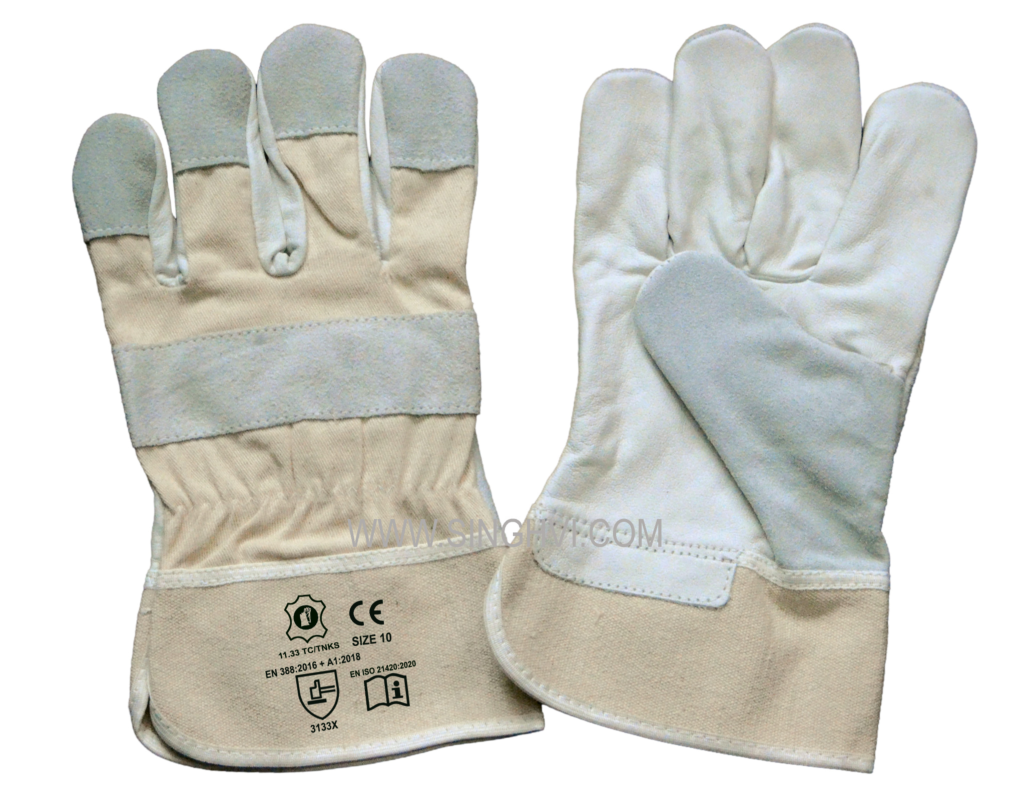 Canadian rigger gloves: cow grain leather with canvas cuff and split thumb, knuckle and nail guards. Article 11.33 TC/TNKS.