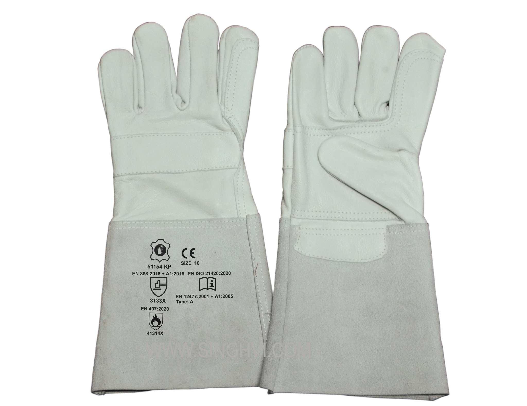Leather welding gloves: full cow grain leather welder with 15cm cuff and full palm, thumb and index reinforcement and knuckle protection. Article 51154 KP.