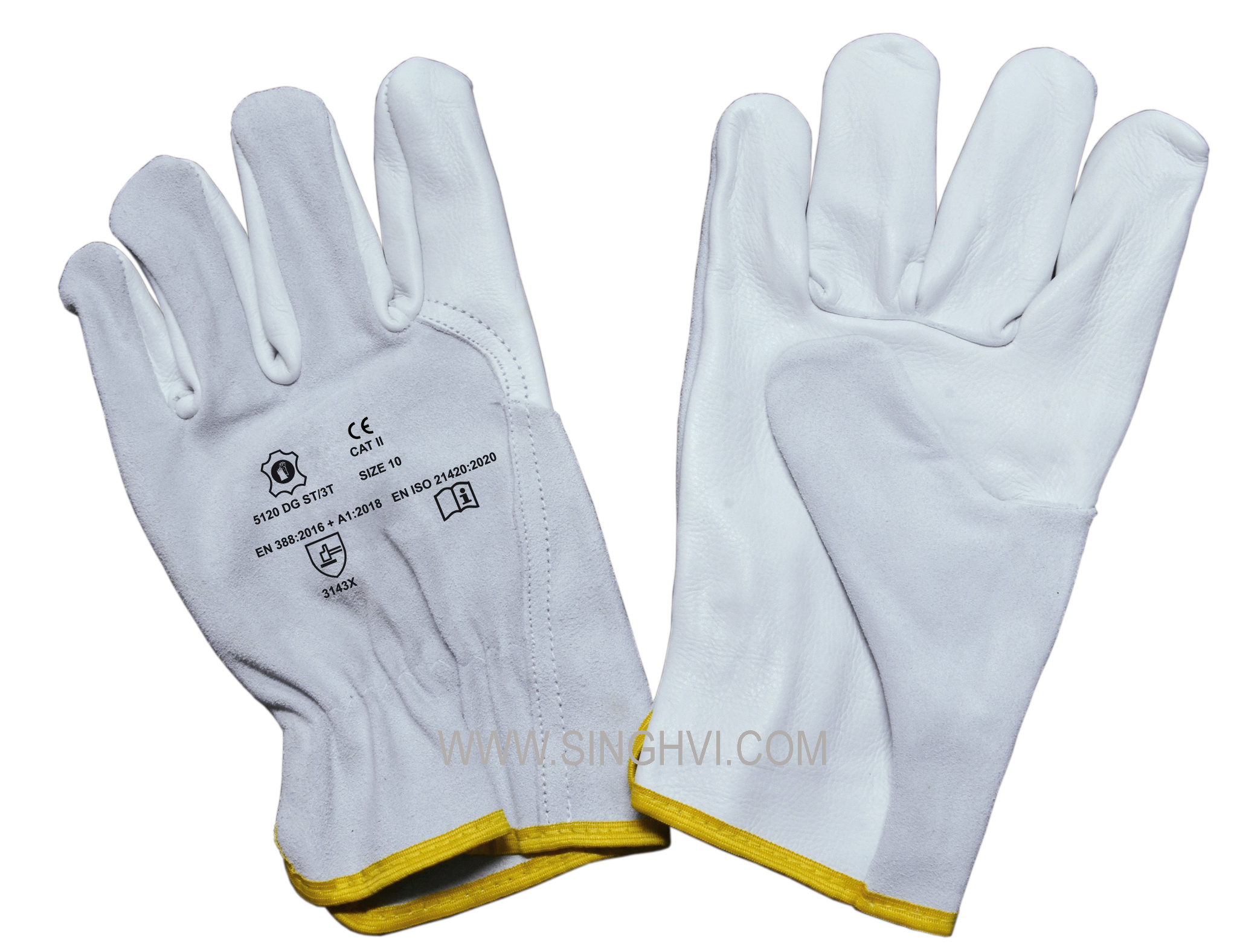 Leather driver and general-purpose gloves: cow grain leather palm with cow split leather three tip back cut and upper thumb. Article 5120 DG ST/3T.