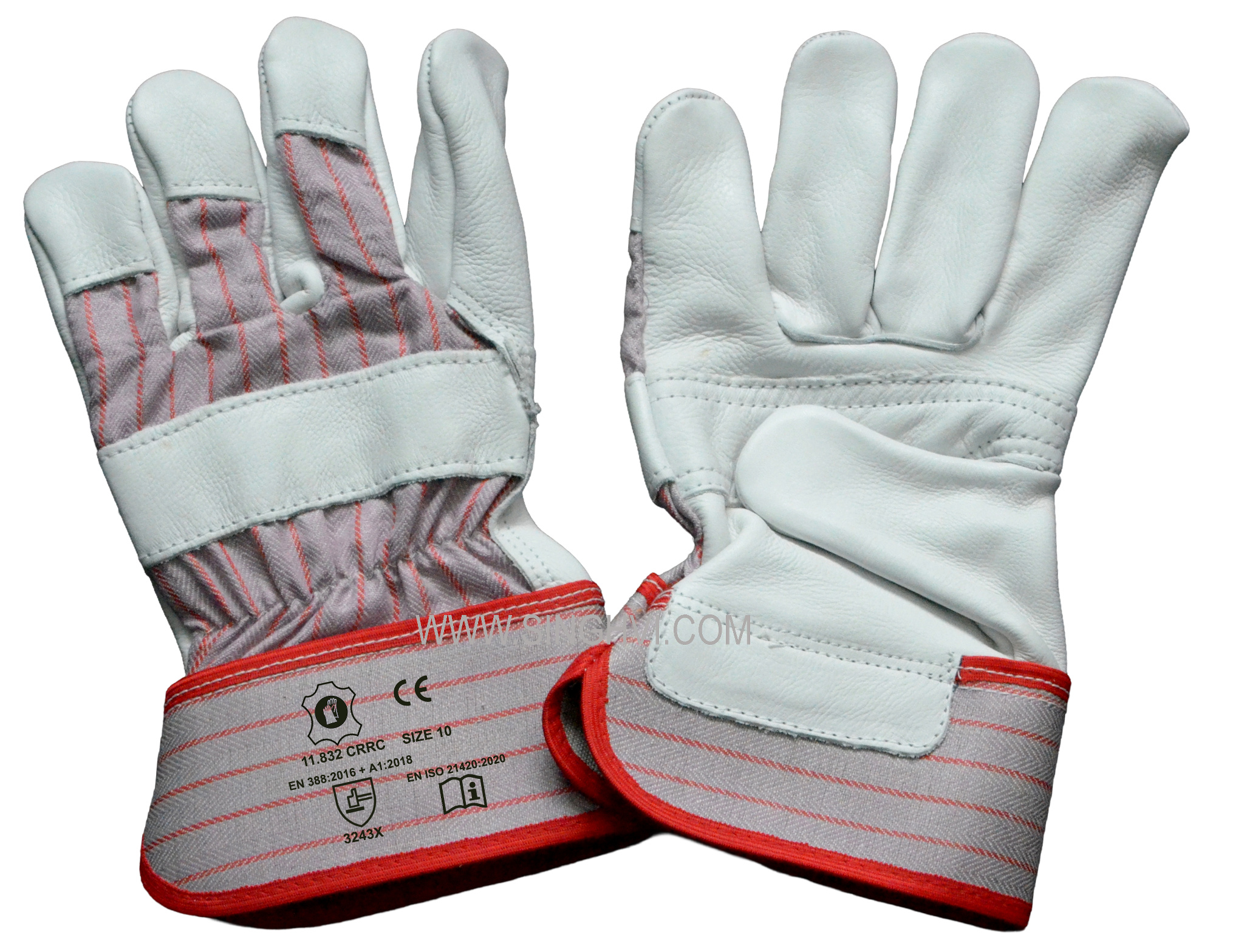 Canadian rigger gloves: cow grain leather with rubberised cuff and part palm reinforcement. Article 11.832 CRRC.