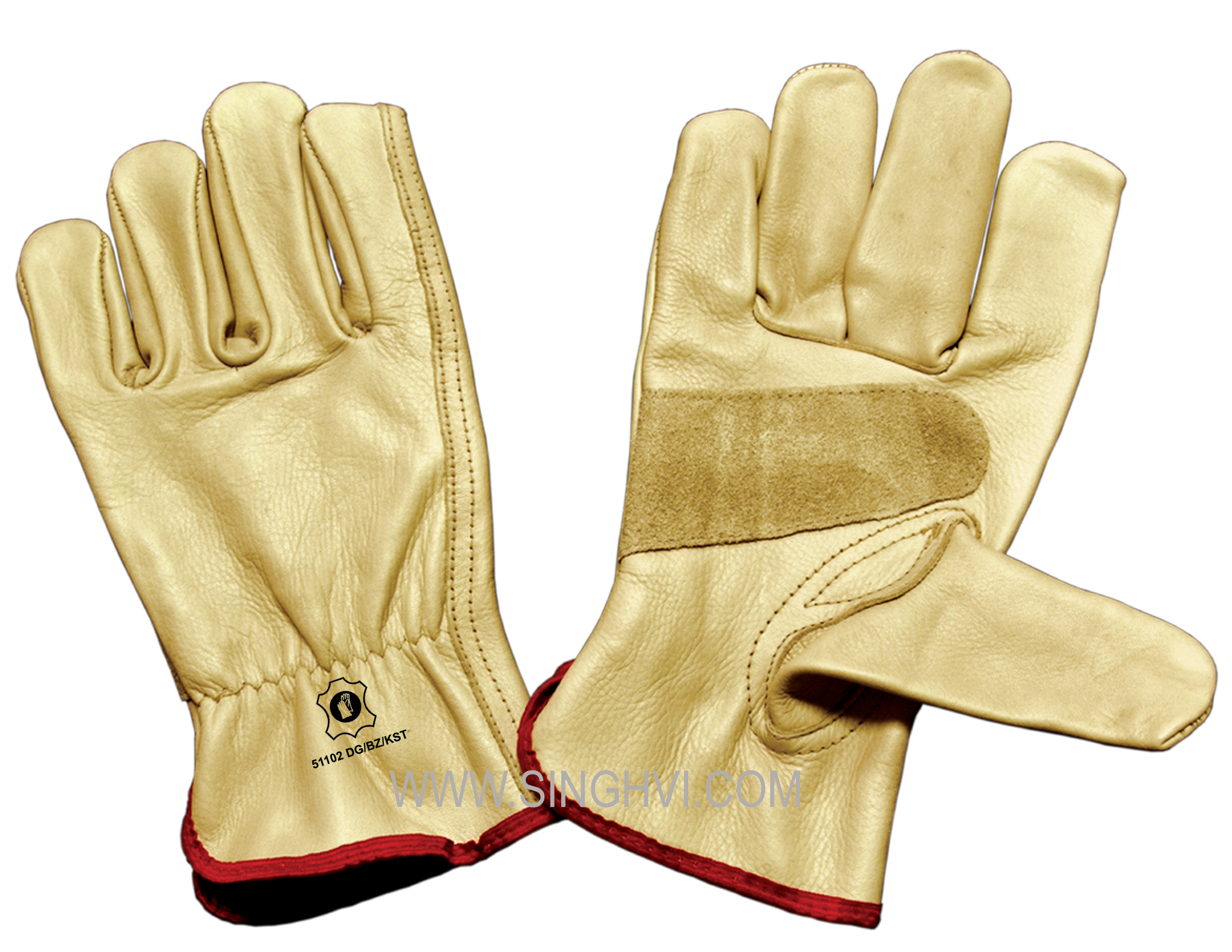 Special-purpose leather gloves: full beige cow grain leather driver with keystone thumb and part palm reinforcement. Article 51102 DG/BZ/KST.