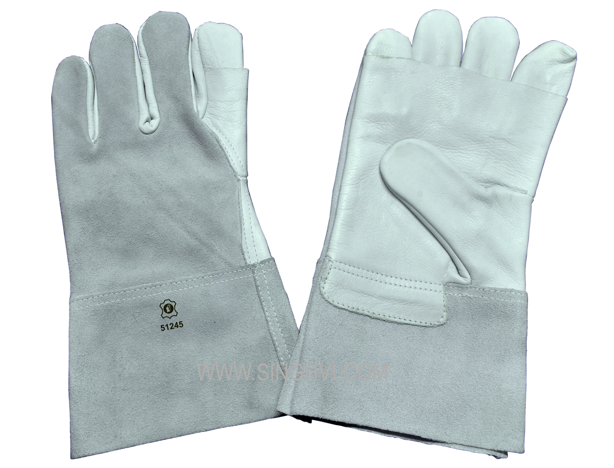 Special-purpose leather gloves: combined welder with 8cm cuff and full reinforcement up to half-finger length. Article 51245.