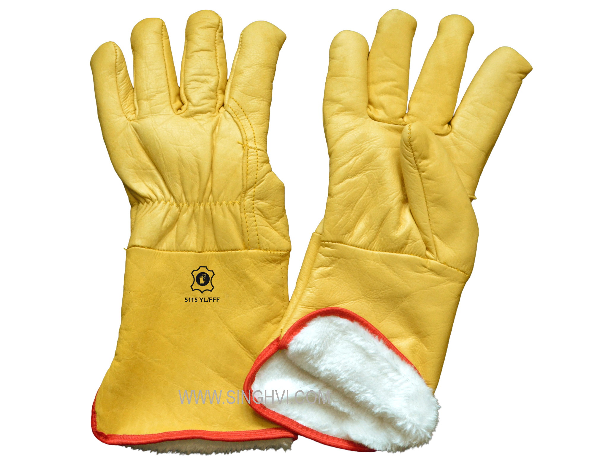 Special-purpose leather gloves: full yellow cow grain leather winter welder with full fur lining inside. Article 5115 YL/FFF.