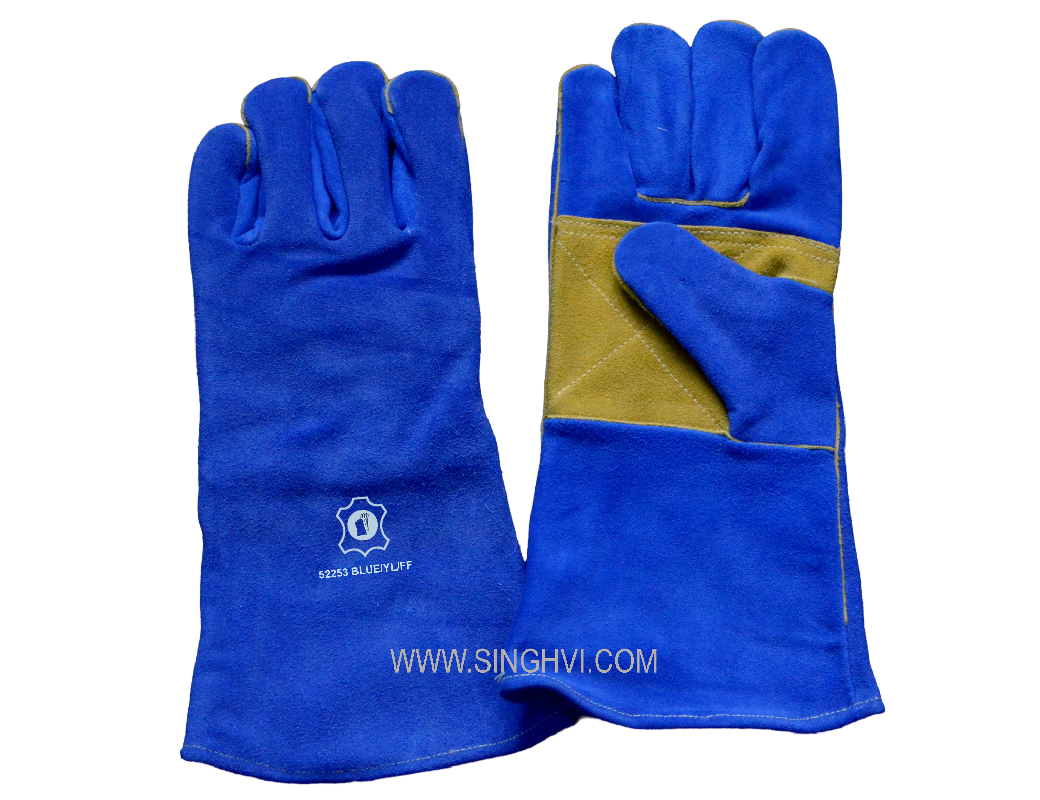 Special-purpose leather gloves: cow split leather winter welder with palm and thumb reinforcement and full lining inside. Article 52253 BLUE/YL/FF.