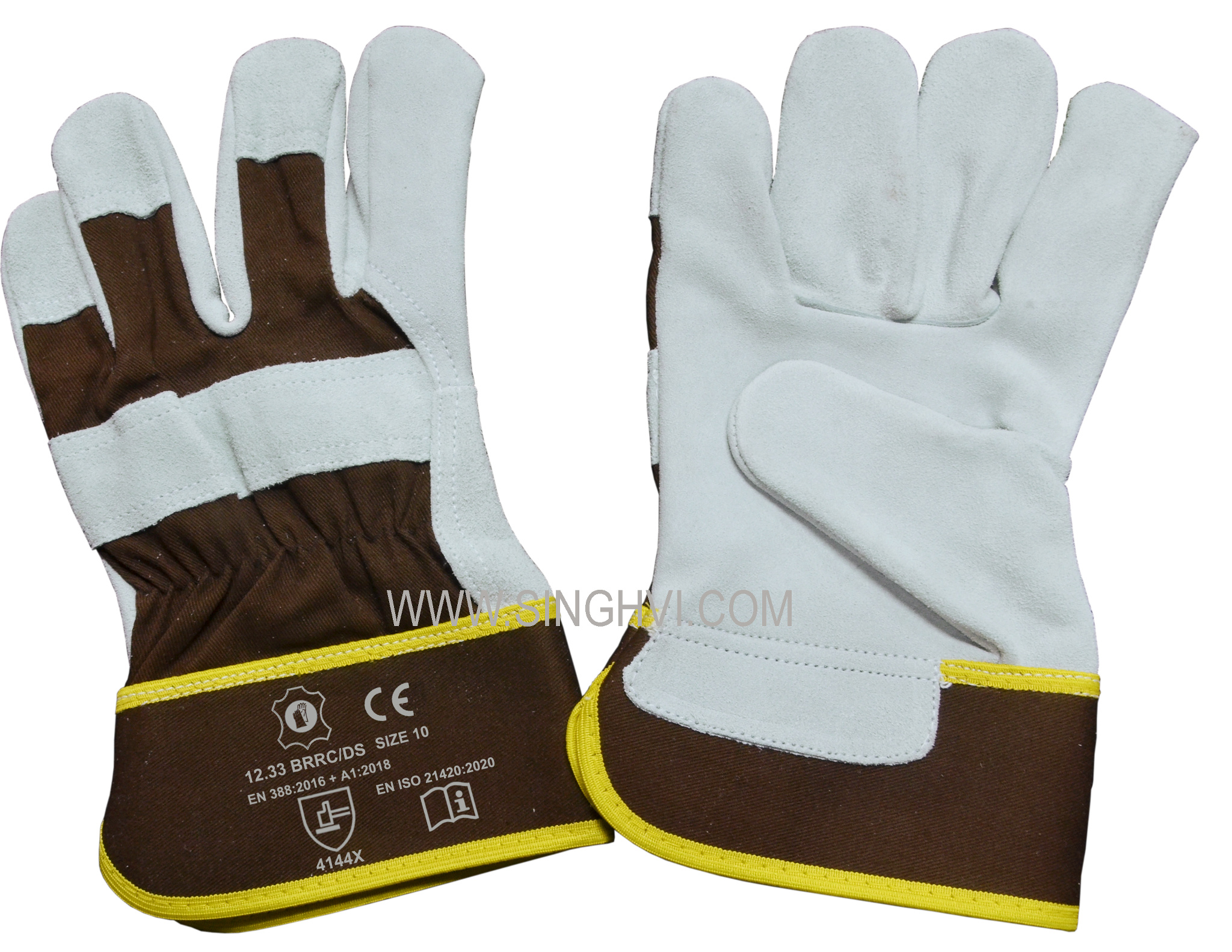 Canadian rigger gloves: cow split leather with rubberised cuff and double stitch. Article 12.33 BRRC/DS.