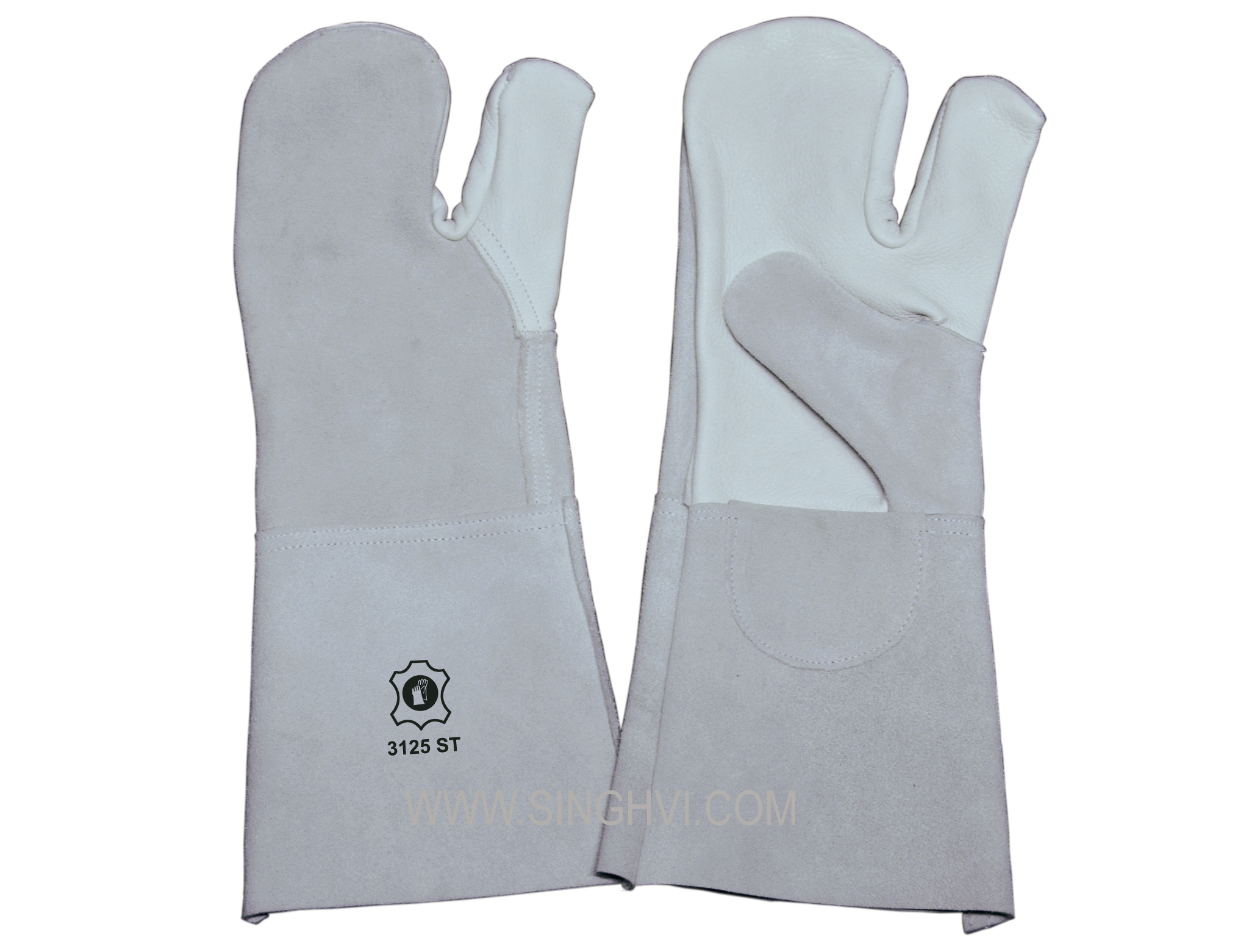 Leather welding gloves: 3-finger combined welder with split thumb and 15cm cuff. Article 3125 ST.