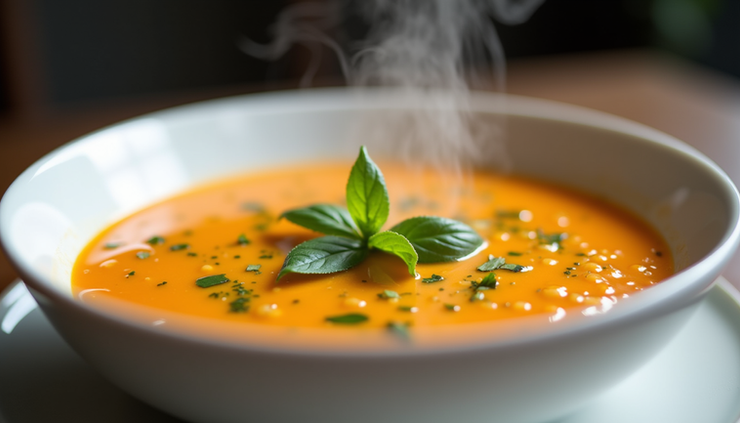 Nahaufnahme einer dampfenden Süßkartoffel-Gemüsesuppe in einer weißen Schale, garniert mit grünem Basilikumöl
