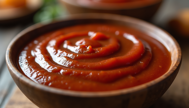 Nahaufnahme einer Schale mit selbstgemachter BBQ Sauce, die eine glänzende, dickflüssige Textur zeigt