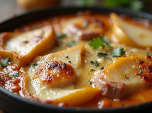 Gratin mit Schweinefilet, Birnen und Brie verfeinert