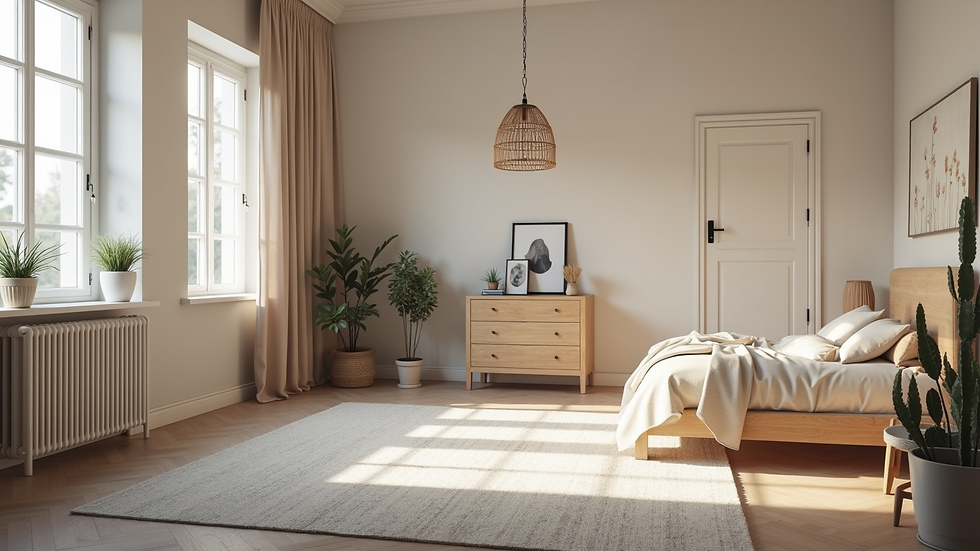 Vue en perspective d'un plan 3D de chambre adulte avec mobilier et décoration