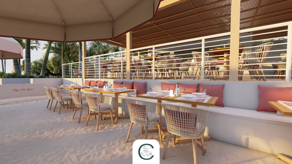 Visuel 3D d’un espace plage avec bains de soleil Ibiza, parasols et mobilier en teck.