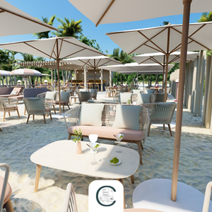 Design d’espace extérieur sur sable avec zones lounge et parasols élégants.