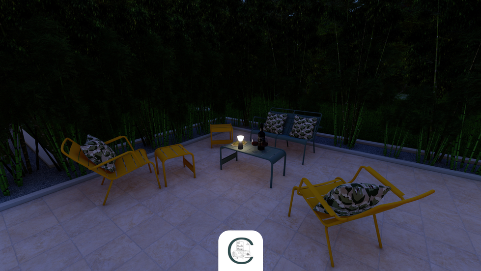 Visuel 3D de la terrasse du Casino du Grau-du-Roi aménagée avec mobilier Fermob, espaces repas, lounge et mange-debout.