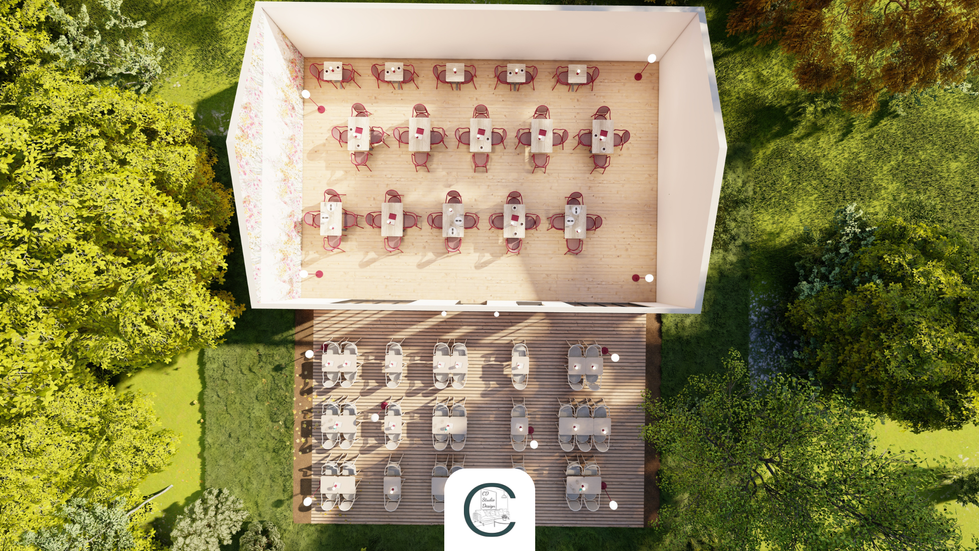 Aménagement d’une terrasse et d’une salle de restaurant avec mobilier design Fermob.