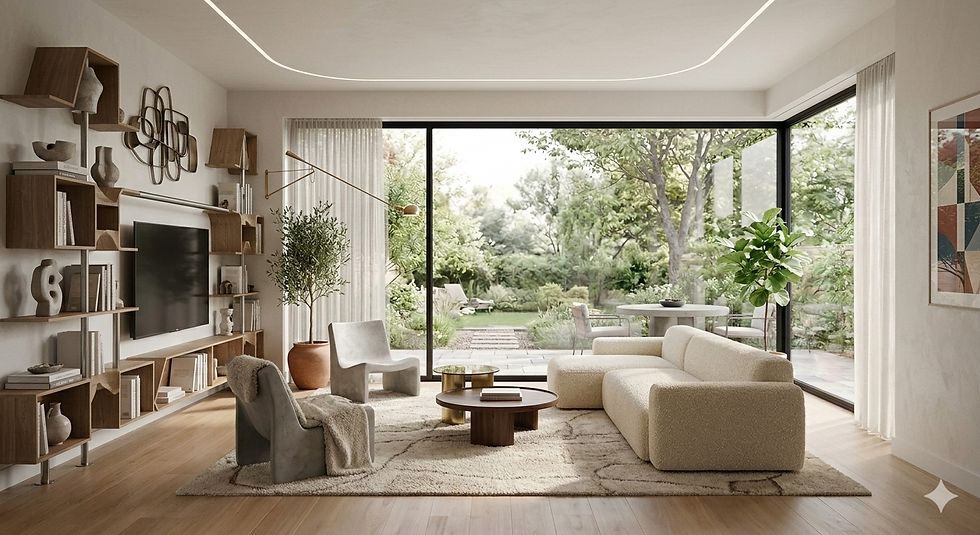 Vue en plongée d’un salon moderne aménagé en 3D