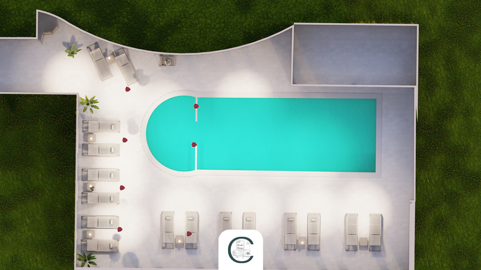 Aménagement des espaces extérieurs d’un hôtel avec terrasse privative et espace piscine.