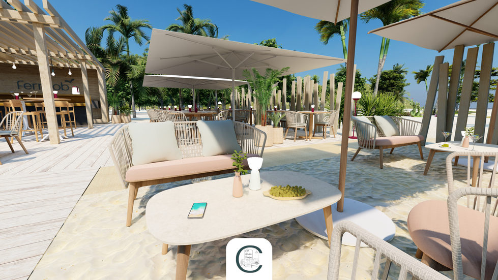 Concept d’aménagement plage haut de gamme pour hôtellerie et restauration.