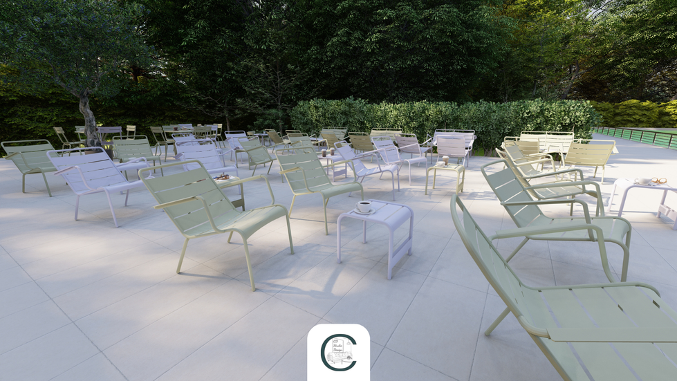 Terrasse de restaurant aménagée avec assises modulables et coin enfants coordonné.