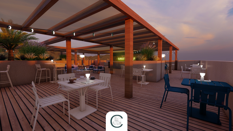 Terrasse rooftop avec salons lounge, jardinières paysagères et pergolas en bois dans un environnement méditerranéen.