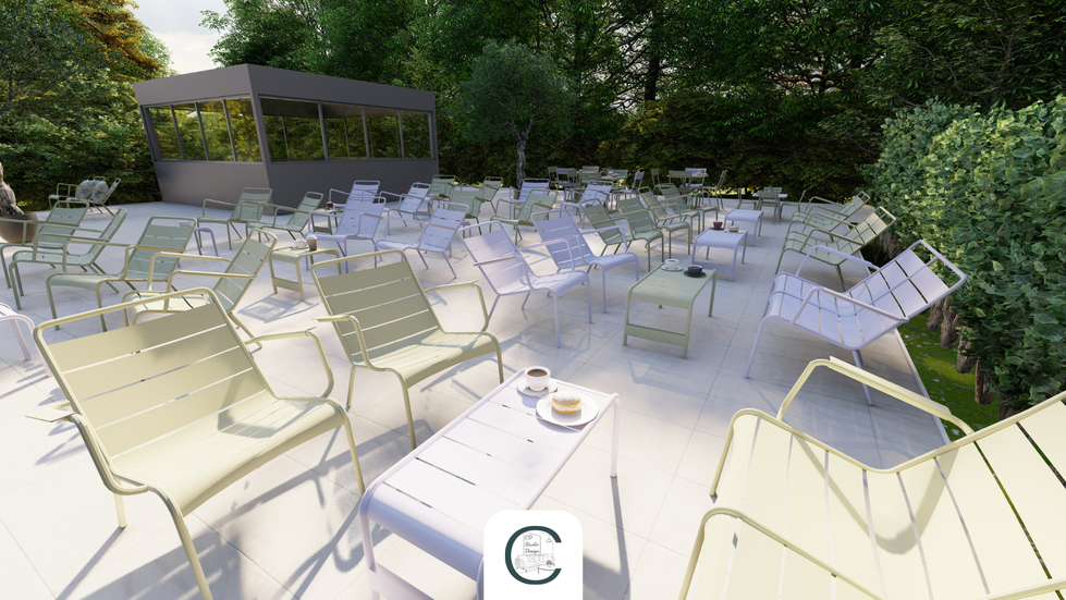 Terrasse de restaurant aménagée avec assises modulables et coin enfants coordonné.