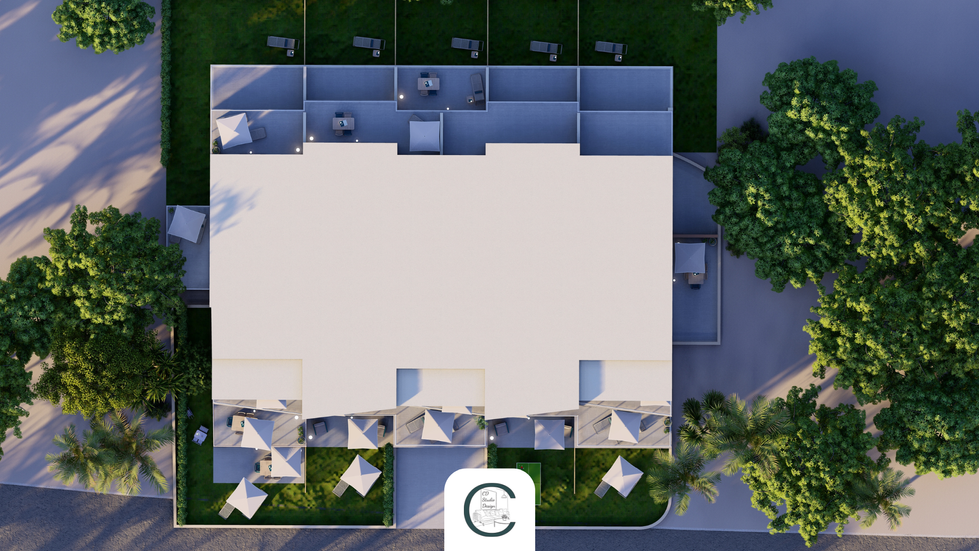 Visuel 3D d’une terrasse d’appartement hôtelier en Corse aménagée avec mobilier Fermob et parasol.