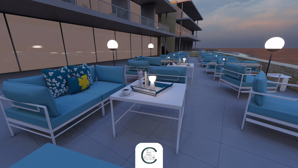 Visualisation 3D de bains de soleil Rivage modulables autour d’une piscine d’hôtel.