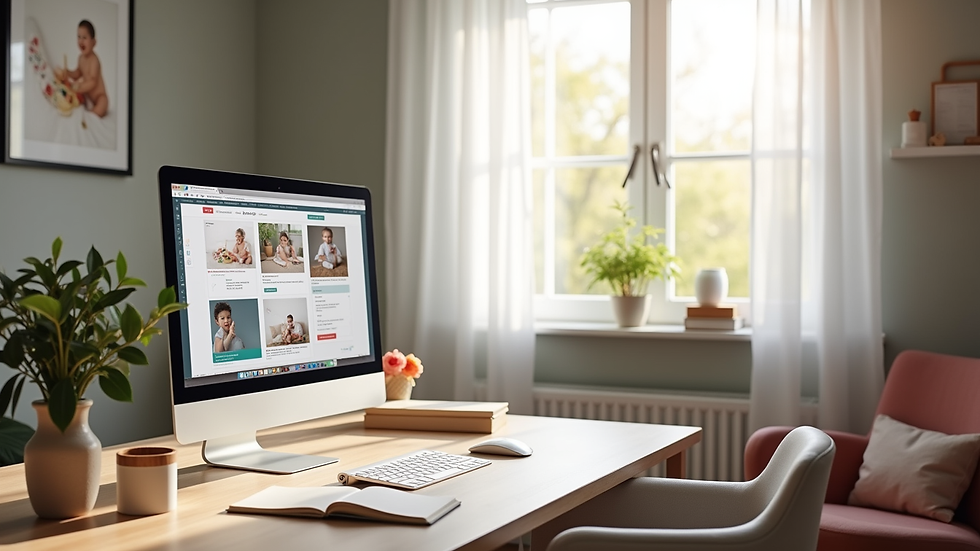 Vue en hauteur d'un espace de travail avec un ordinateur affichant un logiciel de design intérieur pour chambre de bébé