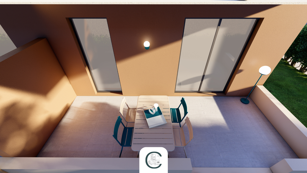 Visuel 3D d’une terrasse d’appartement hôtelier en Corse aménagée avec mobilier Fermob et parasol.
