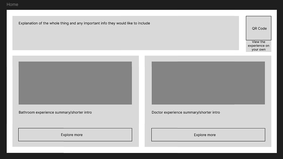 Home page wireframe which allows the user to choose between 2 experiences or scan a QR code to allow the user to take the experience with them on their own devices