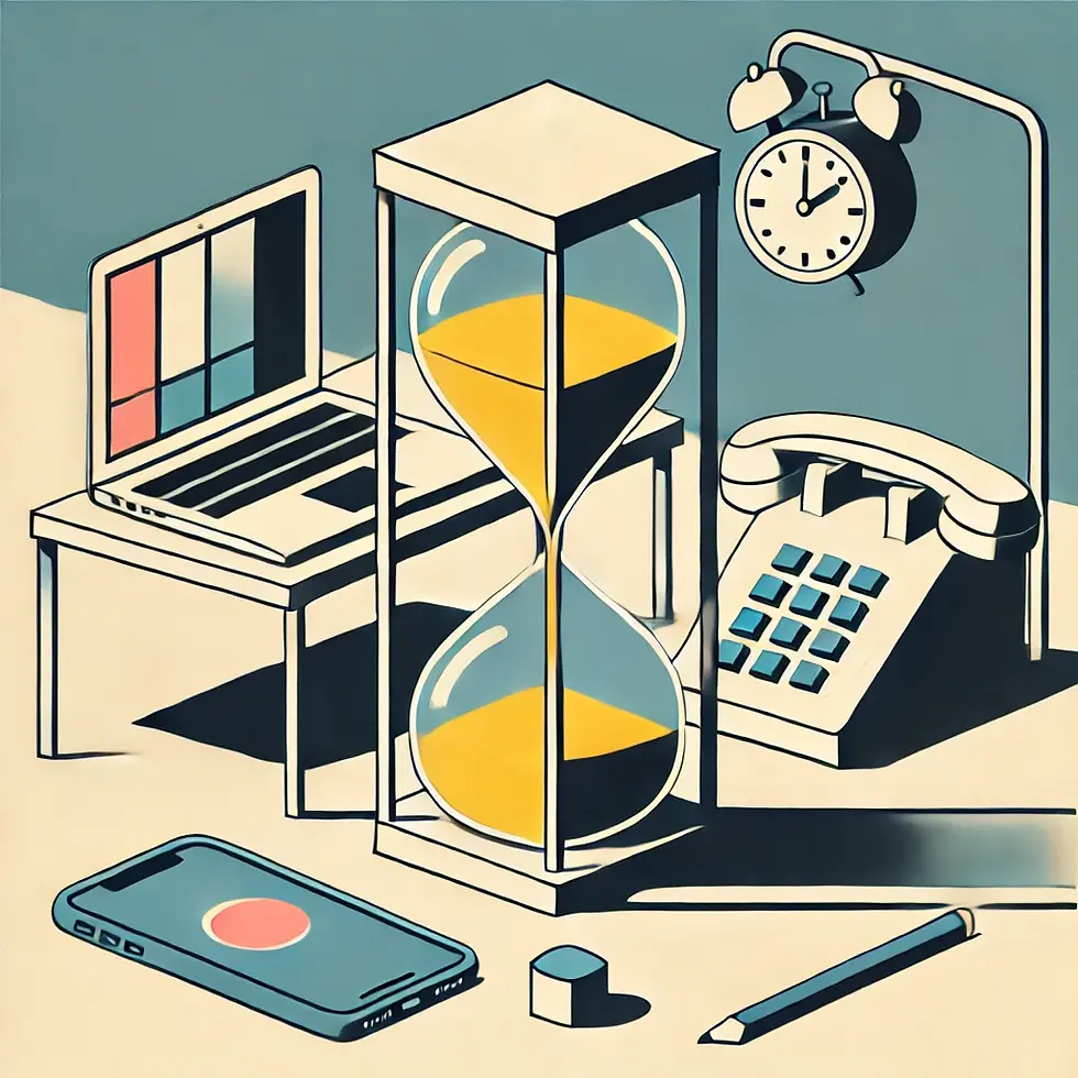 Retro objects including a laptop, hourglass, phone, and clock are on a desk. Blue and yellow tones, evoking a vintage tech vibe.