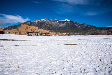White snow covered Taos Pueblo New Mexico the land of Enchantment and home to the Southern