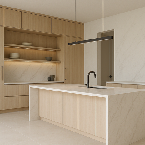 Japandi luxury kitchen Montreal natural wood minimalist design VK Group renovation