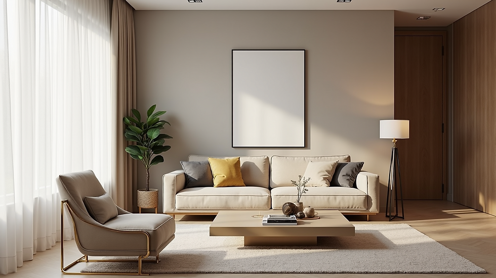 Eye-level view of a modern living room with neutral tones and brass accents