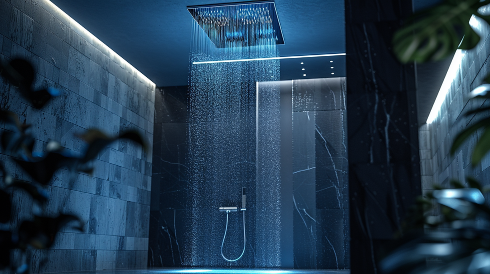 Salle de bain de luxe à Montréal intégrant des technologies intelligentes : panneau de contrôle de douche numérique en finition laiton, thermostat de plancher chauffant intégré, robinet sans contact, éclairage de chromathérapie et technologies de bien-être modernes.