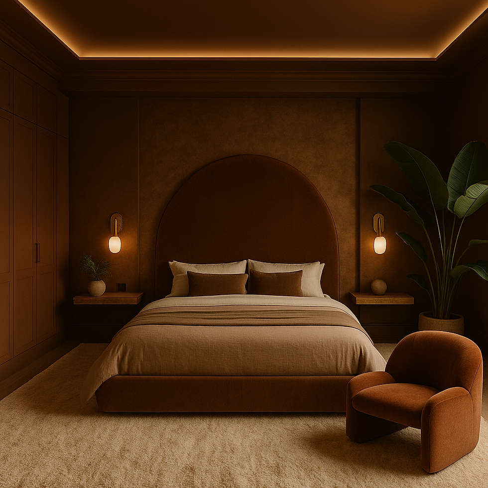 Chambre luxueuse à Montréal dans un style Architectural Digest, avec des murs, un plafond et des meubles intégrés entièrement teintés en brun chocolat, une tête de lit monumentale arrondie en velours brun, un fauteuil en velours terracotta, des tables de nuit flottantes en bois naturel, un mur texturé en plâtre minéral, un éclairage indirect et des appliques en laiton, ainsi que de grandes plantes tropicales dans des pots artisanaux. Rénovation haut de gamme à Montréal mettant en valeur un savoir-faire de niveau muséal et un design sophistiqué et enveloppant.